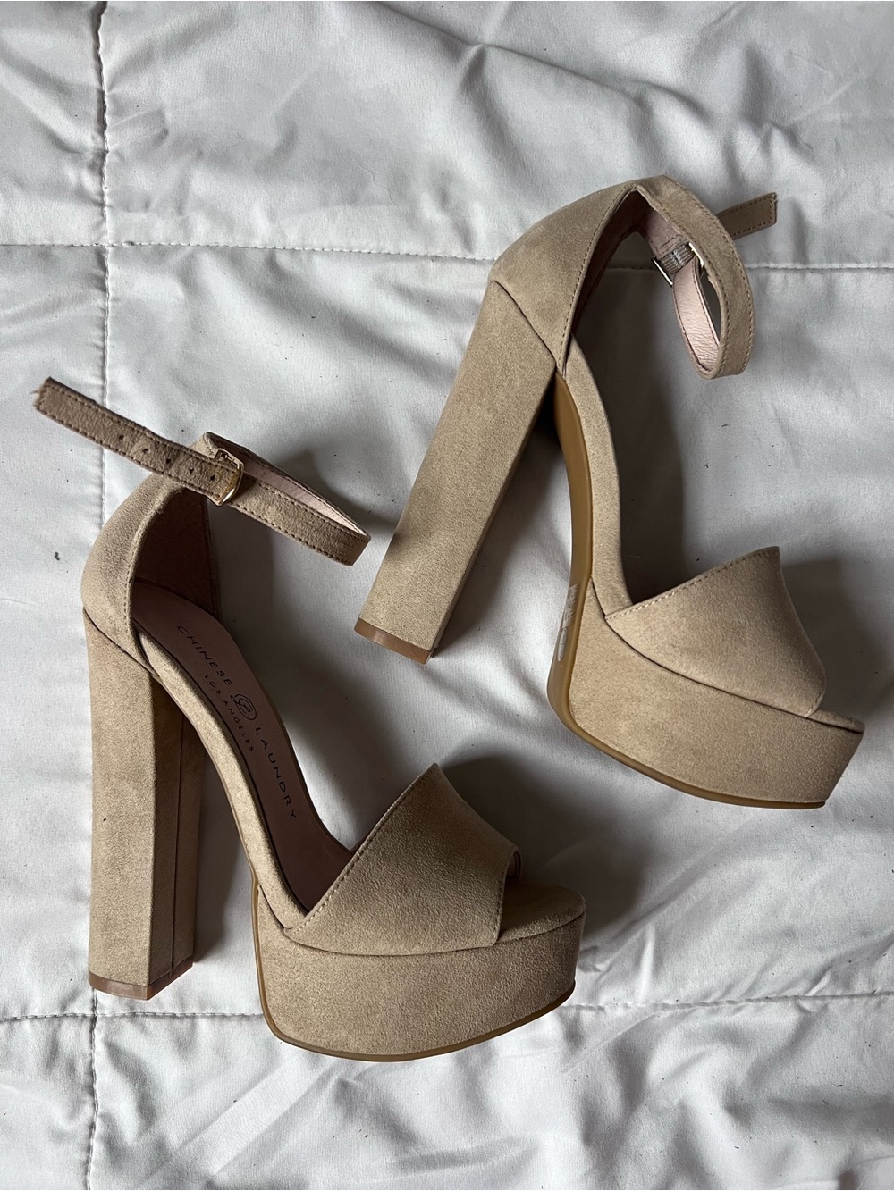 Chinese Laundry Taupe Suede Platform Ankle-Strap Heels